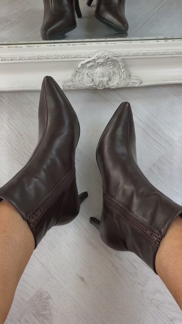 Svetlana Faux Leather Pointed Toe Kitten Heel Ankle Boots - Brown try-on video
