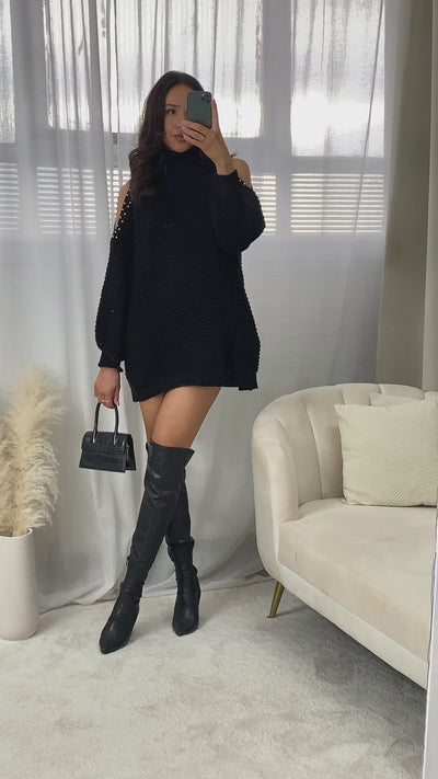 Bria High Neck Oversized Open Shoulder Long Sleeve Knitted Jumper