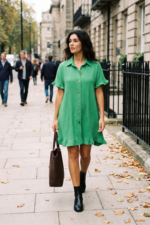 Prisha Button Down Oversized Ruffle Short Sleeve Mini Dress - Green