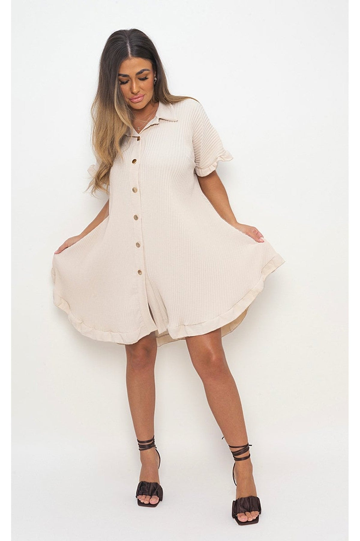 Prisha Button Down Oversized Ruffle Short Sleeve Mini Dress - Beige