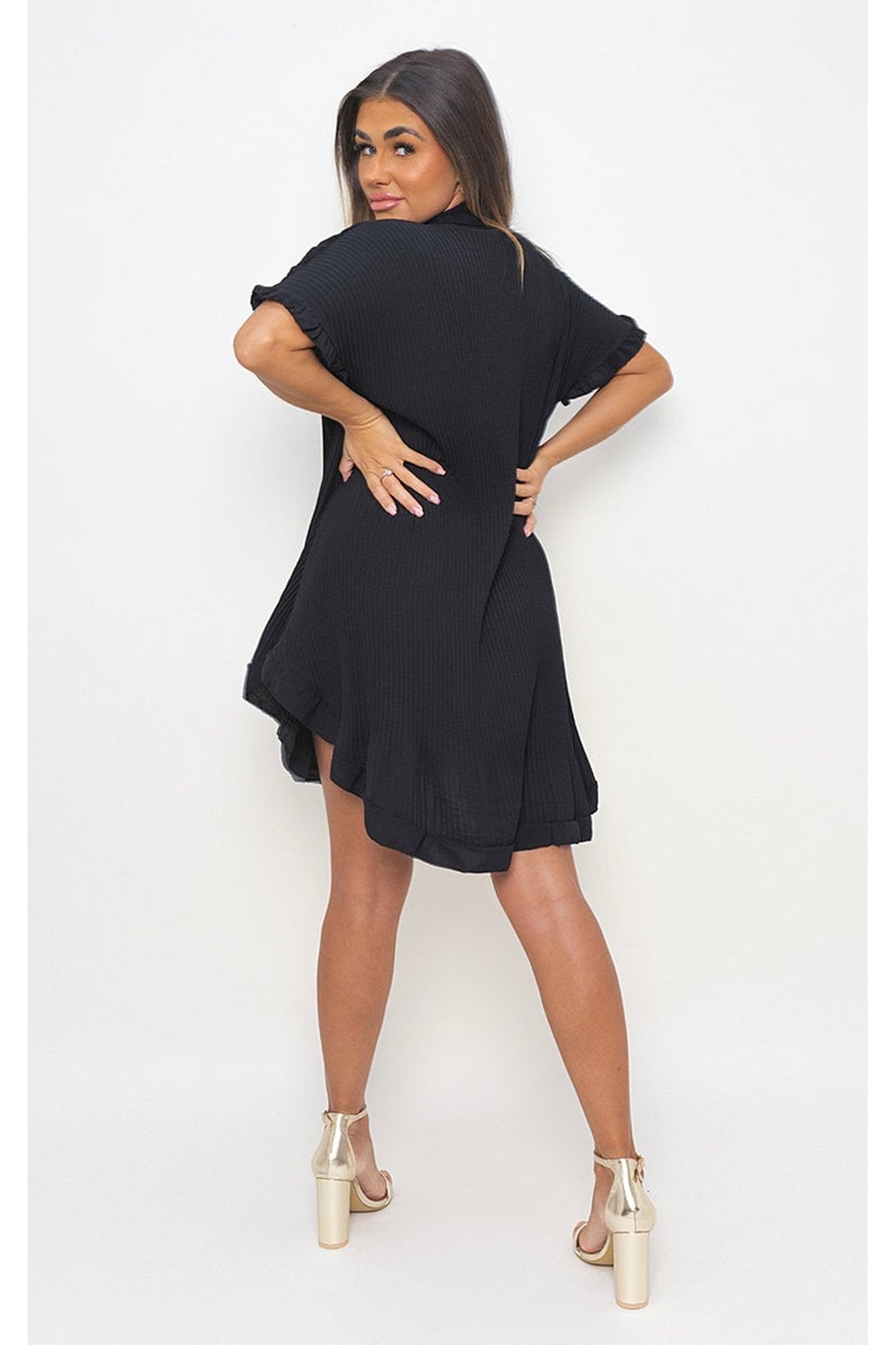 Prisha Button Down Oversized Ruffle Short Sleeve Mini Dress - Black