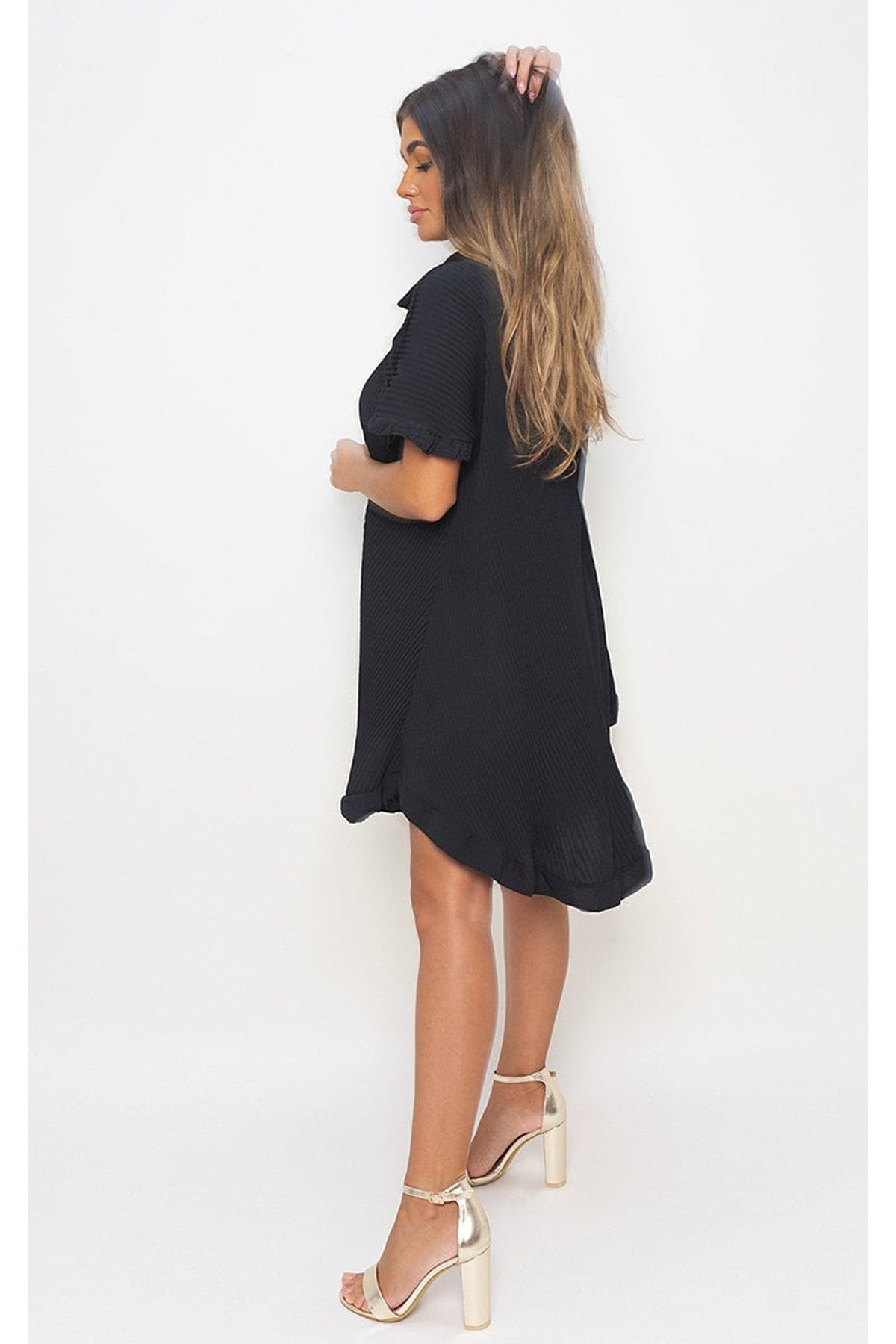 Prisha Button Down Oversized Ruffle Short Sleeve Mini Dress - Black