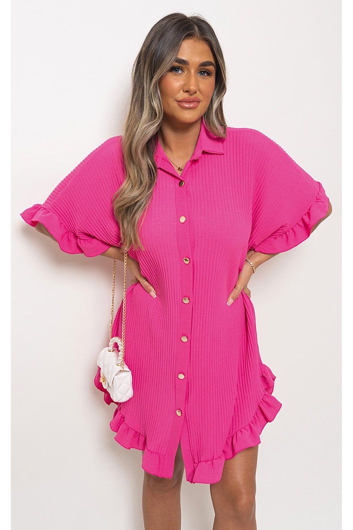 Prisha Button Down Oversized Ruffle Short Sleeve Mini Dress - Coral