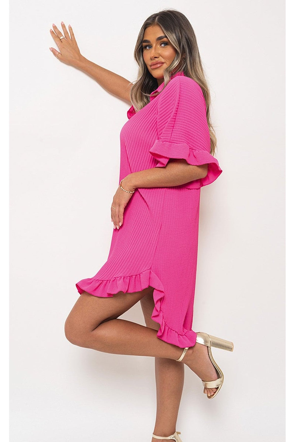 Prisha Button Down Oversized Ruffle Short Sleeve Mini Dress - Coral