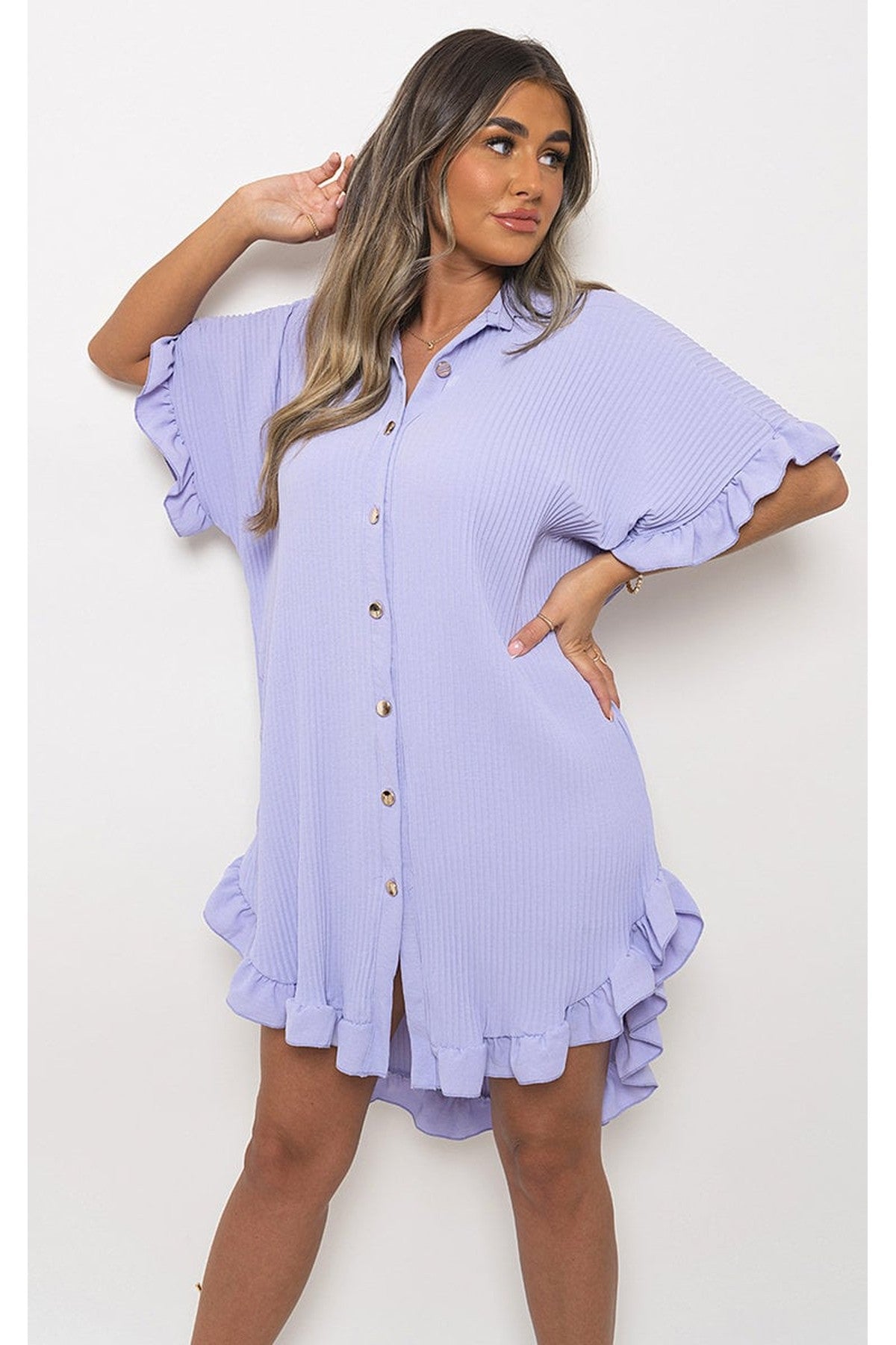 Prisha Button Down Oversized Ruffle Short Sleeve Mini Dress - Lilac