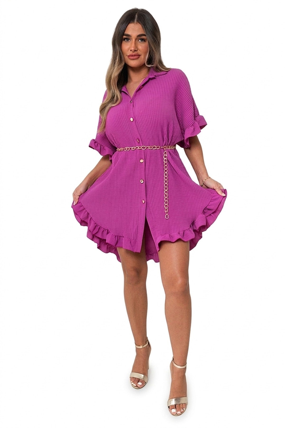 Prisha Button Down Oversized Ruffle Short Sleeve Mini Dress - Magenta_wb