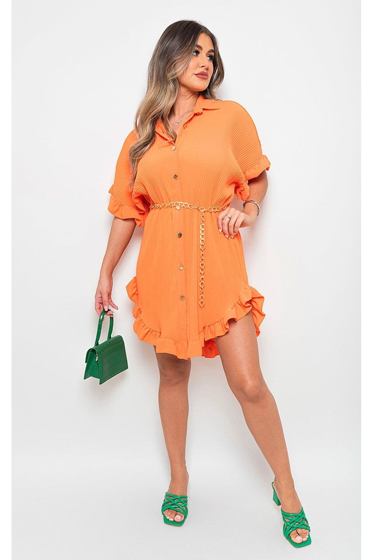 Prisha Button Down Oversized Ruffle Short Sleeve Mini Dress - Orange