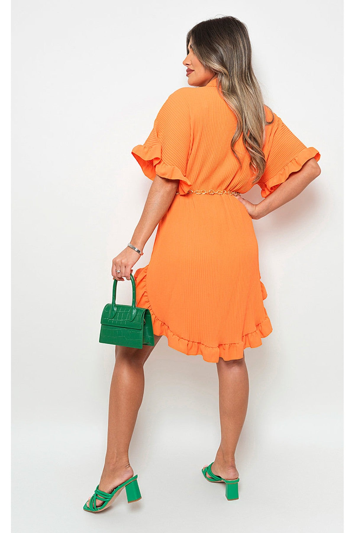 Prisha Button Down Oversized Ruffle Short Sleeve Mini Dress - Orange