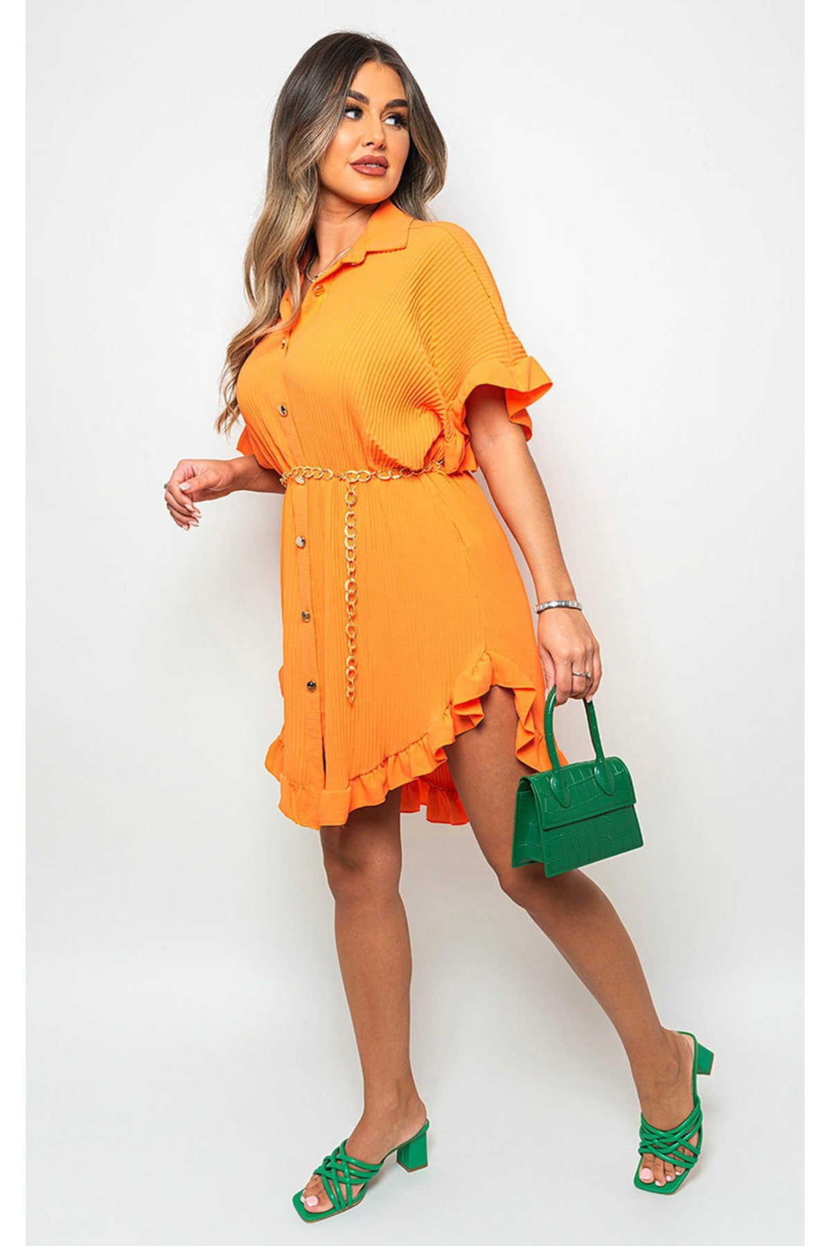 Prisha Button Down Oversized Ruffle Short Sleeve Mini Dress - Orange