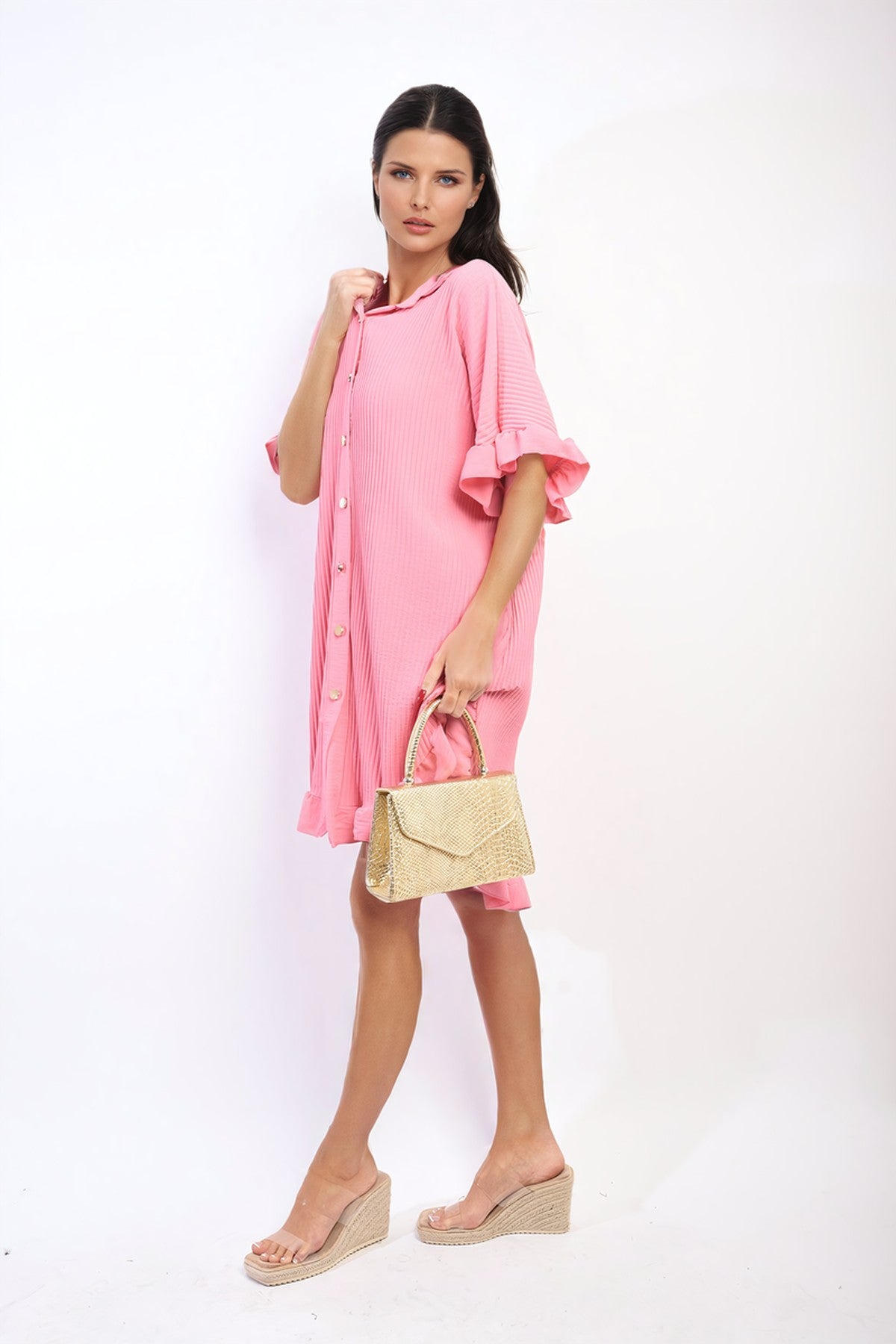 Prisha Button Down Oversized Ruffle Short Sleeve Mini Dress - Pink