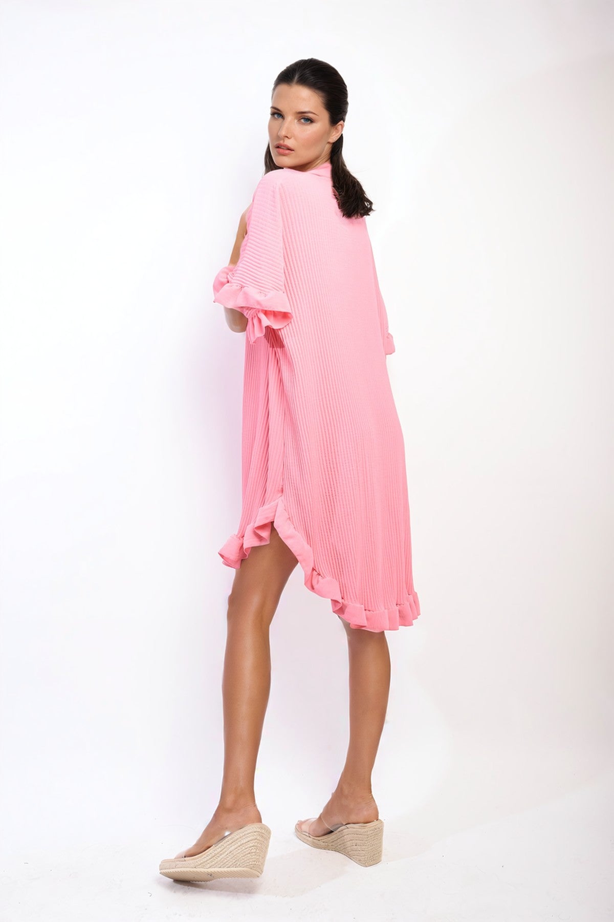 Prisha Button Down Oversized Ruffle Short Sleeve Mini Dress - Pink