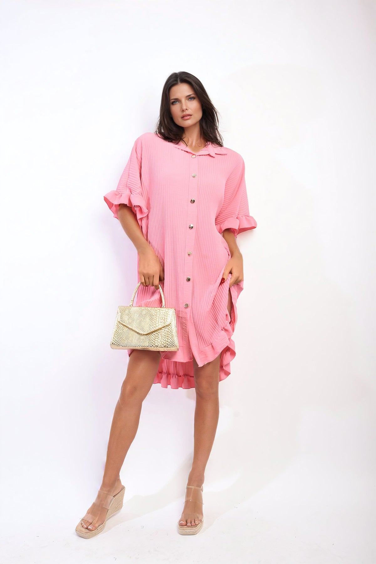 Prisha Button Down Oversized Ruffle Short Sleeve Mini Dress - Pink