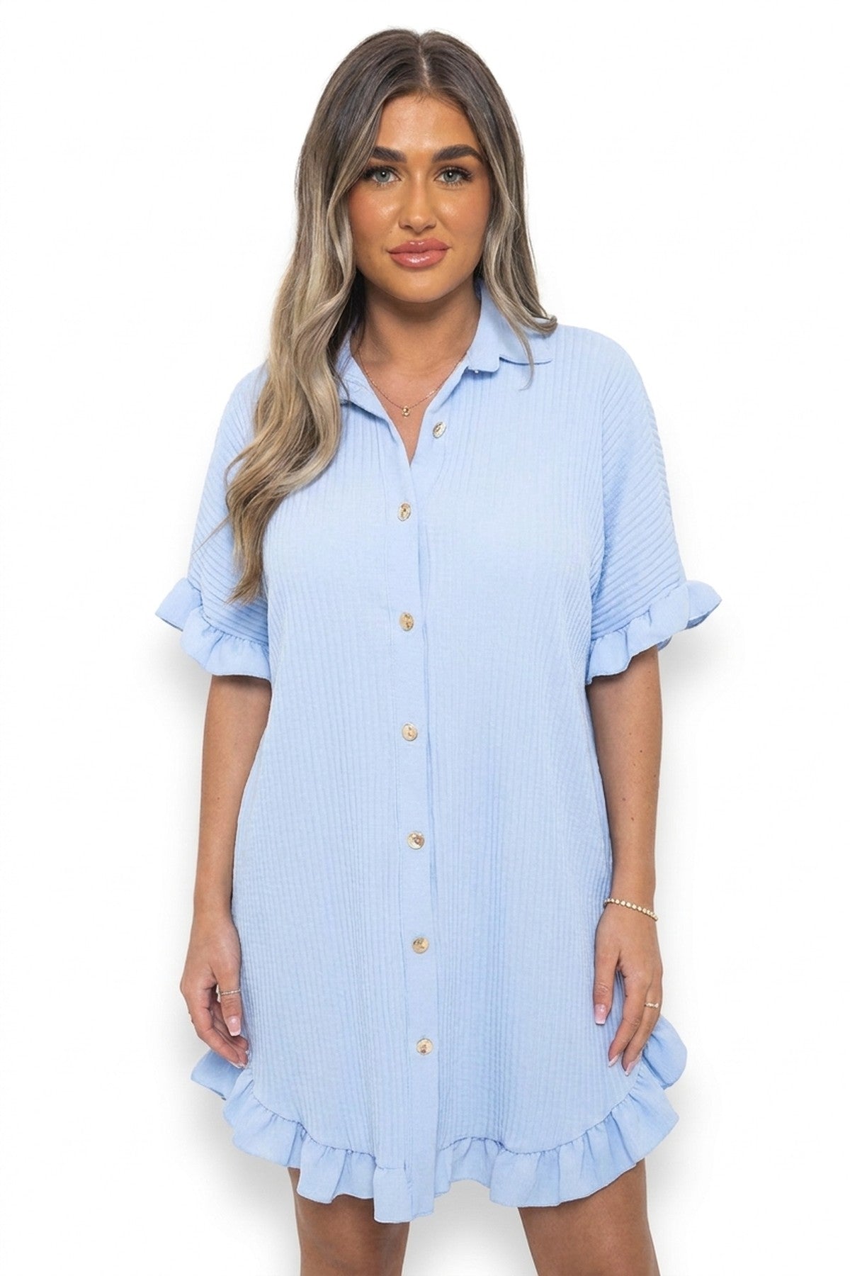 Prisha Button Down Oversized Ruffle Short Sleeve Mini Dress - Sky Blue_wb