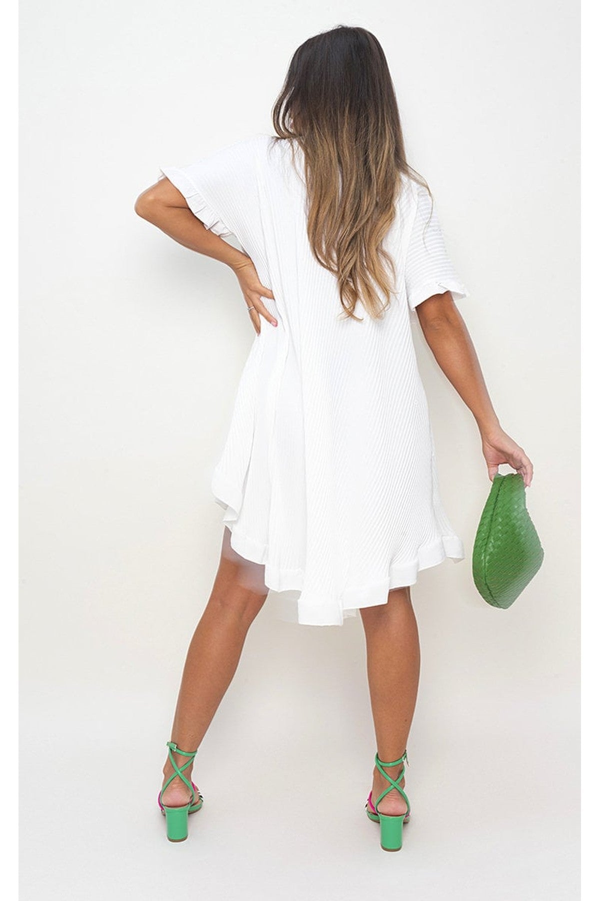 Prisha Button Down Oversized Ruffle Short Sleeve Mini Dress - White
