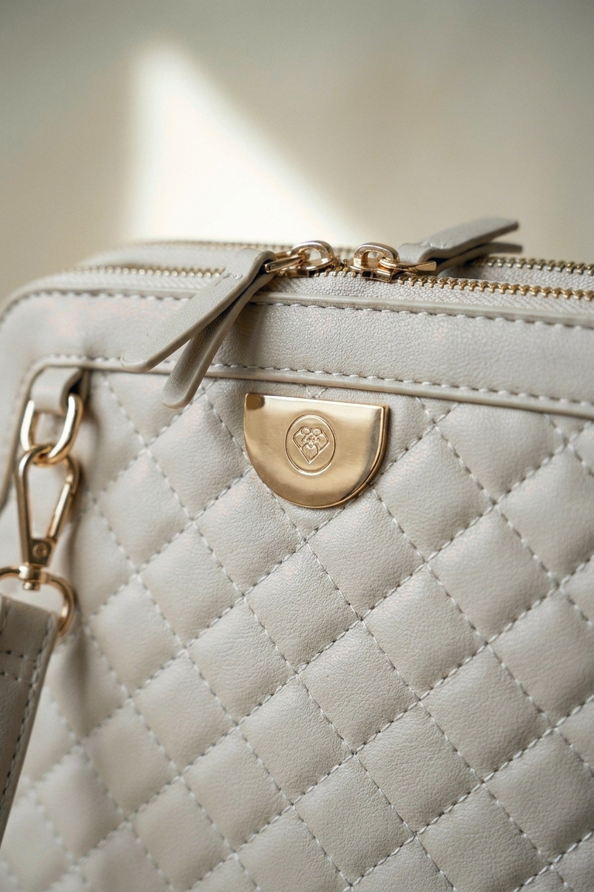 Constance Quilted Frame Crossbody Bag - Beige