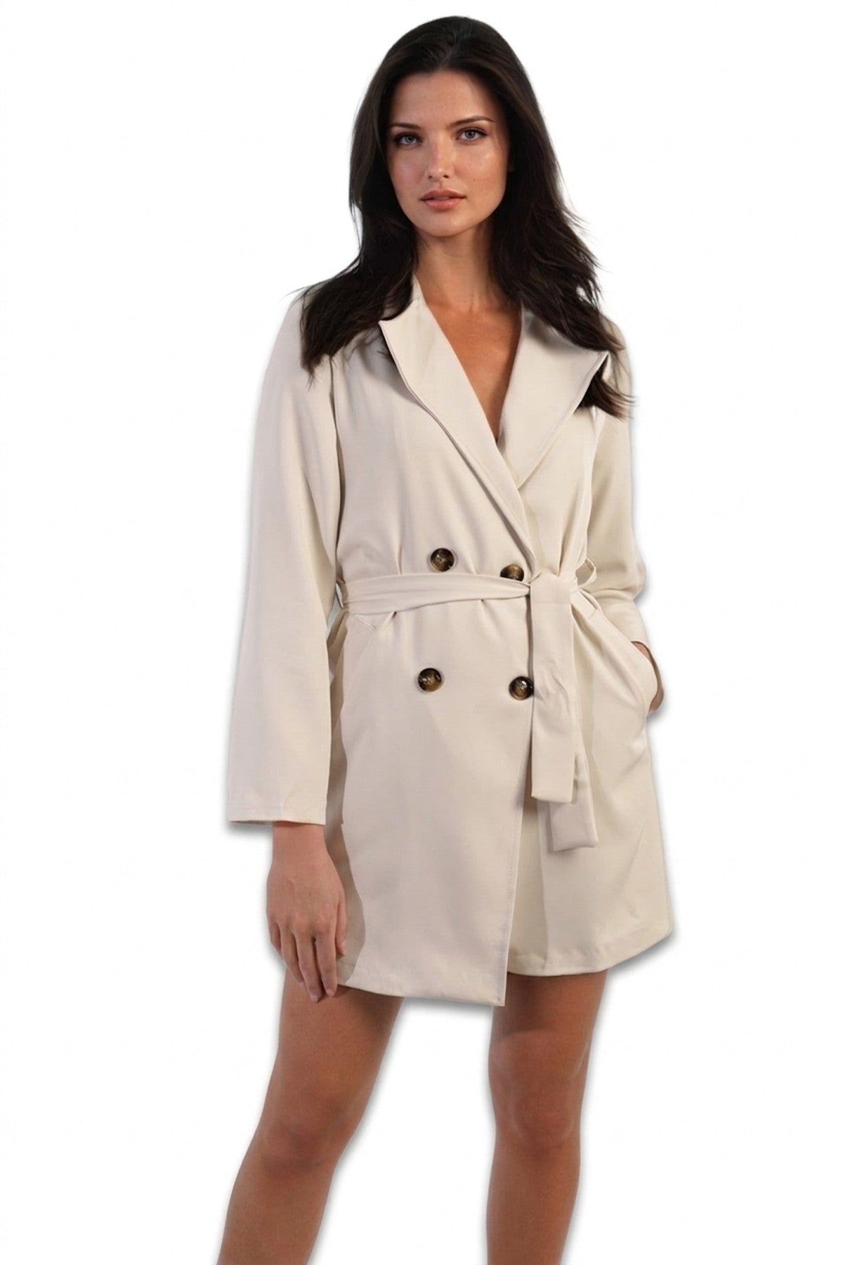 Raven Oversized Waist Tie Button Detail Blazer Jacket - Beige_wb