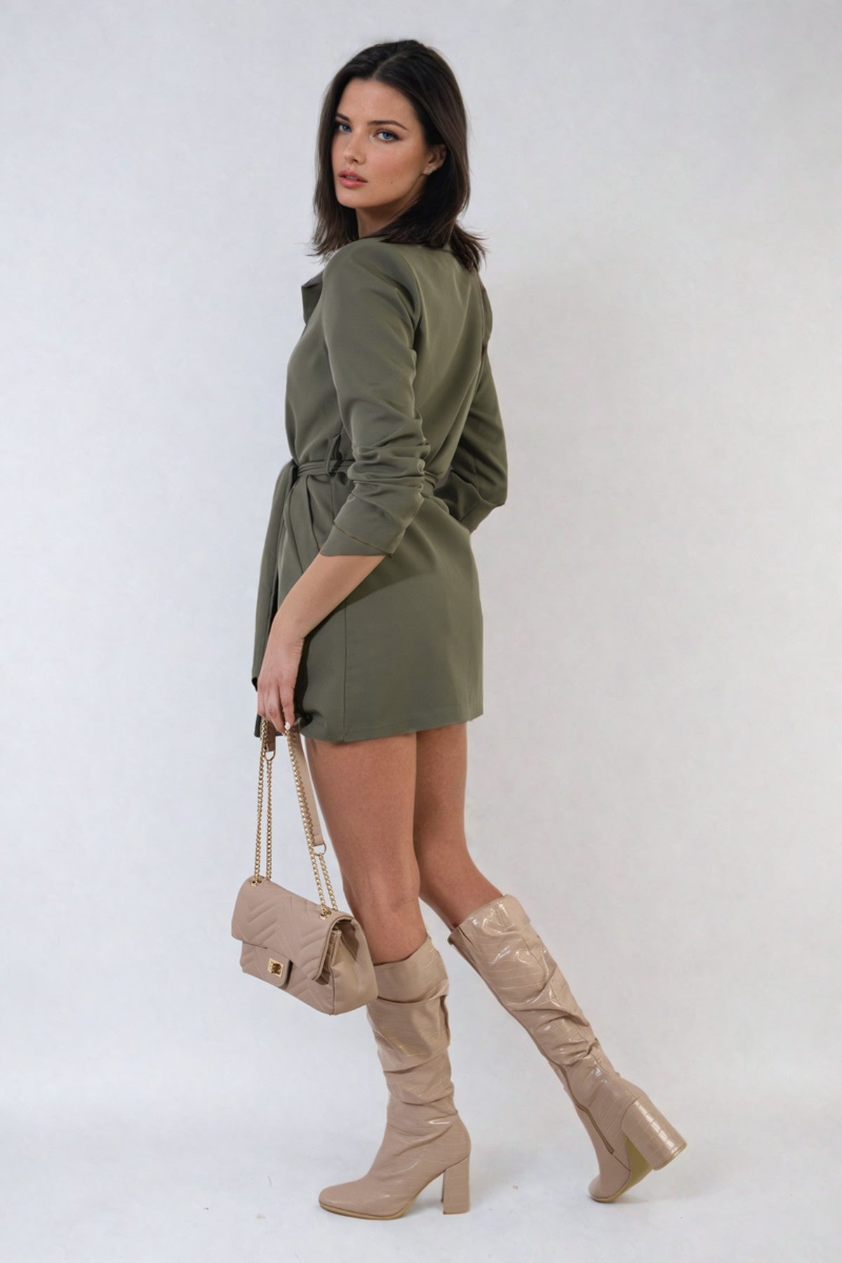 Raven Oversized Waist Tie Button Detail Blazer Jacket - Khaki