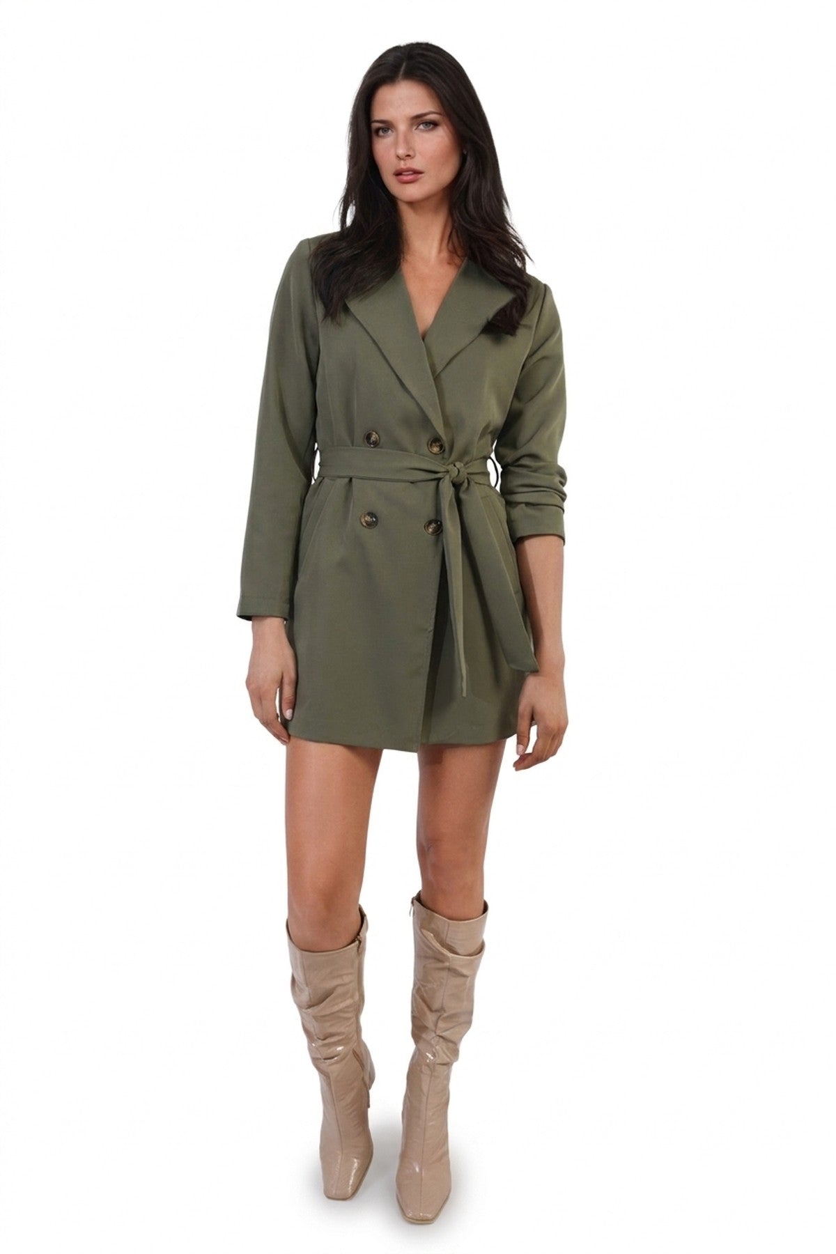 Raven Oversized Waist Tie Button Detail Blazer Jacket - Khaki_wb