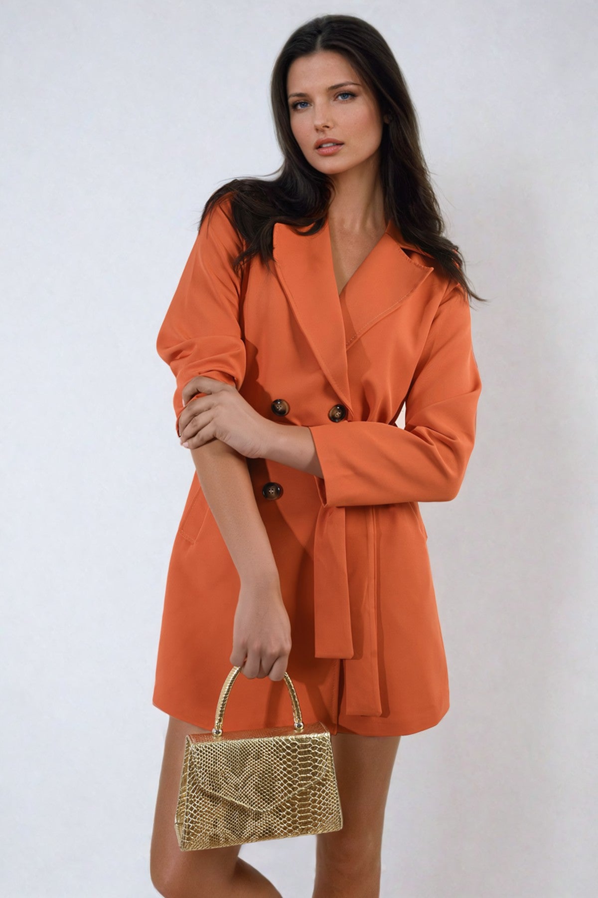 Raven Oversized Waist Tie Button Detail Blazer Jacket - Orange