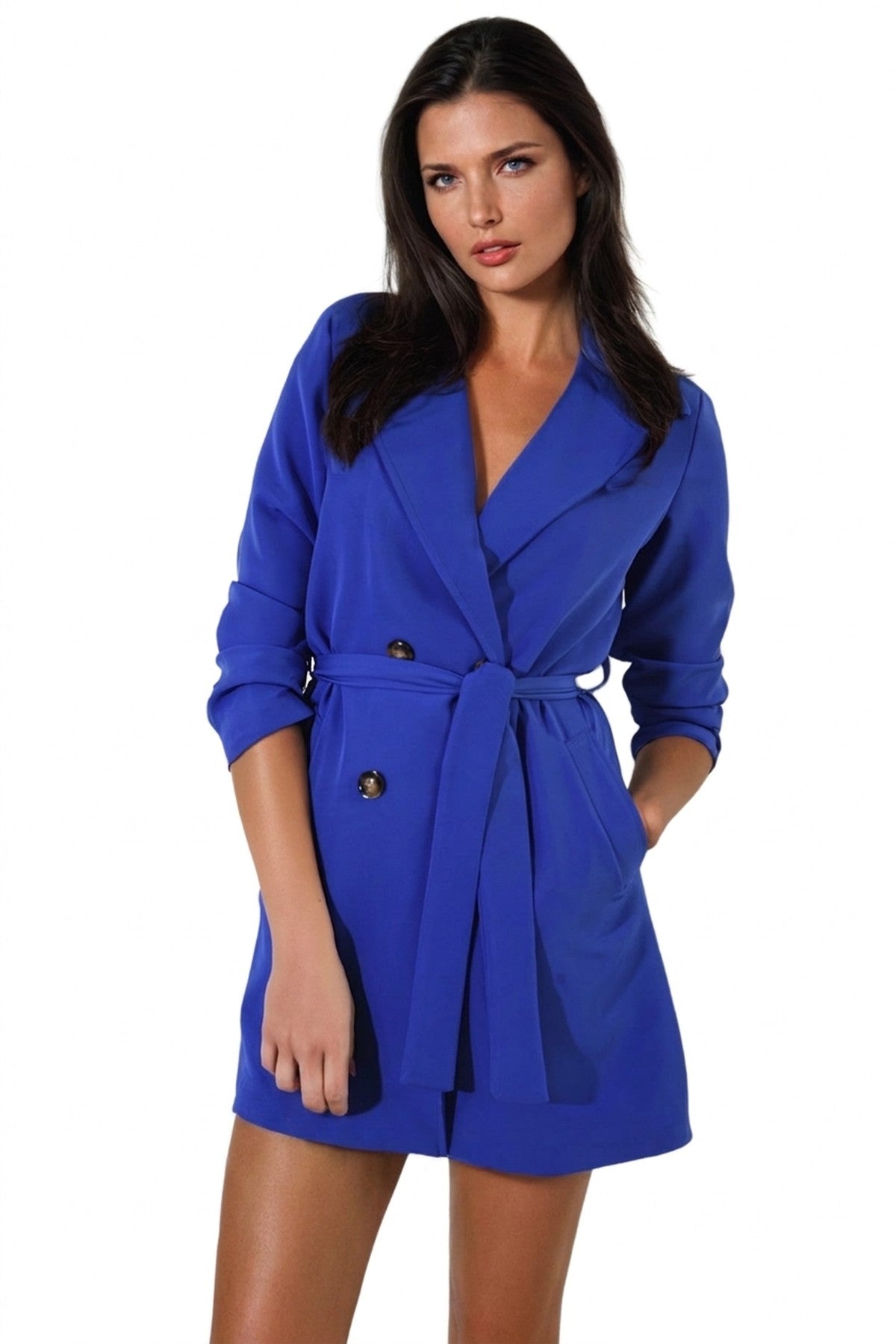 Raven Oversized Waist Tie Button Detail Blazer Jacket - Royal Blue_wb
