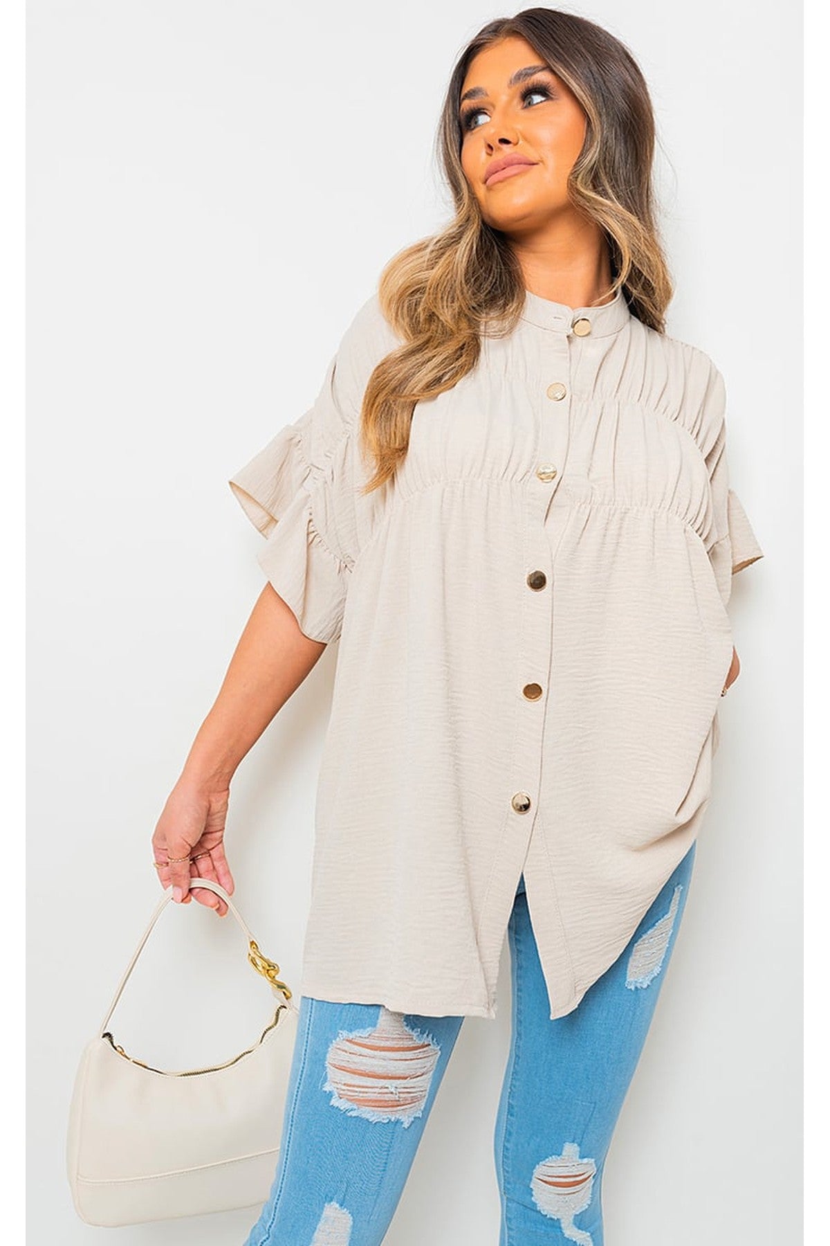 Rebecca Button Down Pleated Frill Tops - Beige