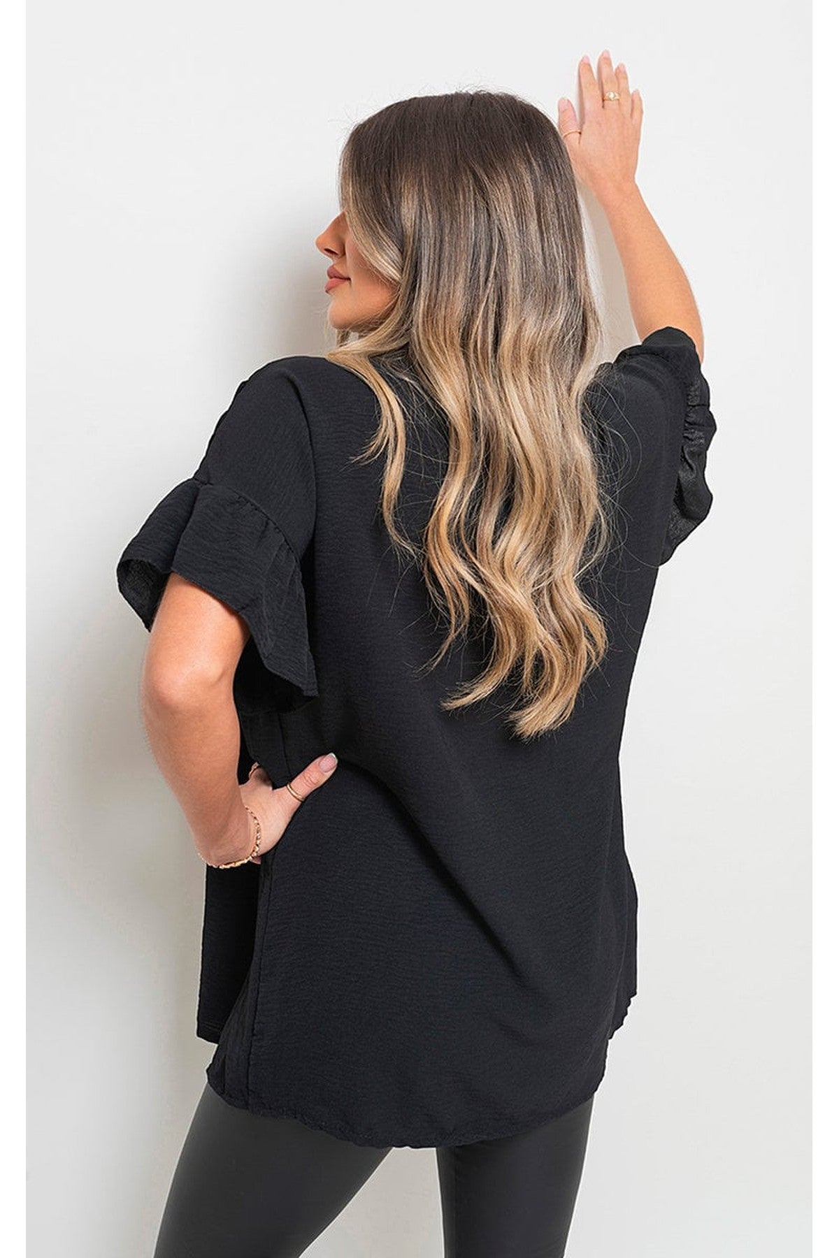 Rebecca Button Down Pleated Frill Tops - Black