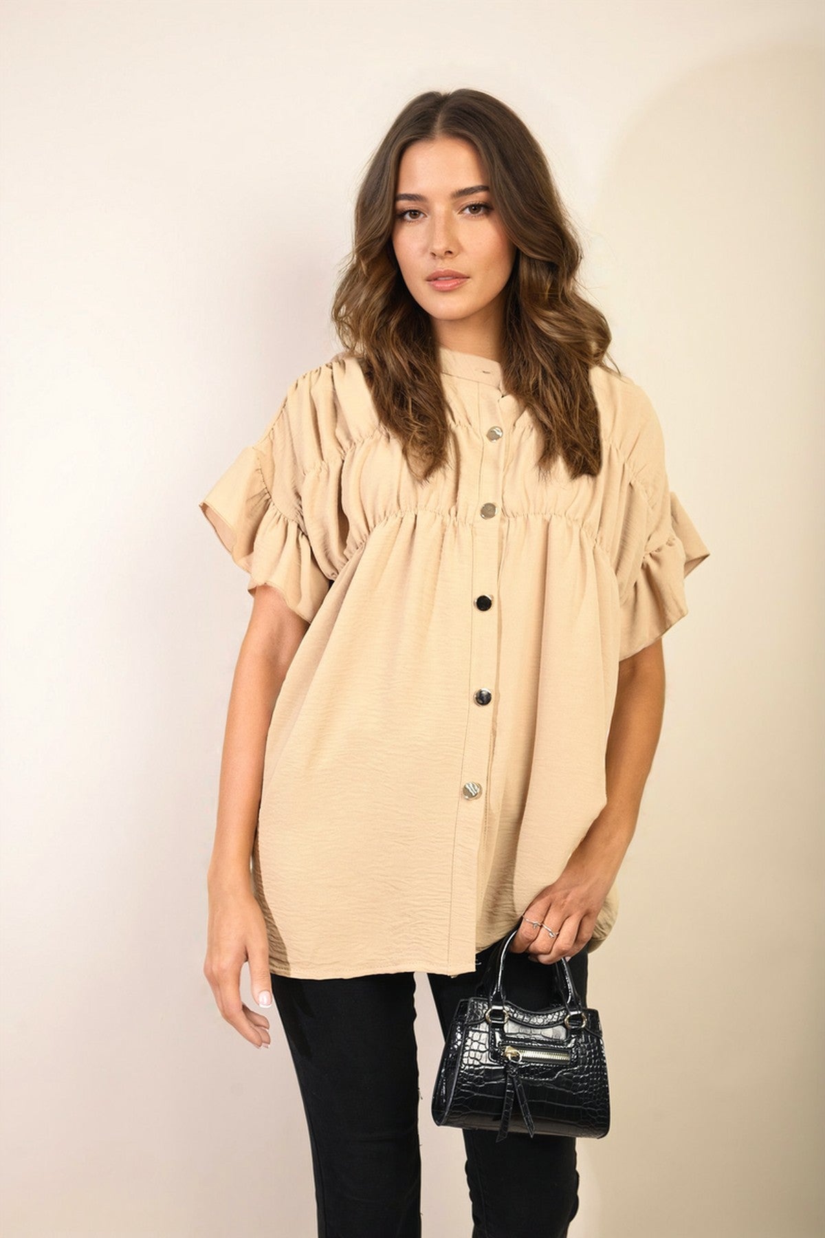 Rebecca Button Down Pleated Frill Tops - Camel