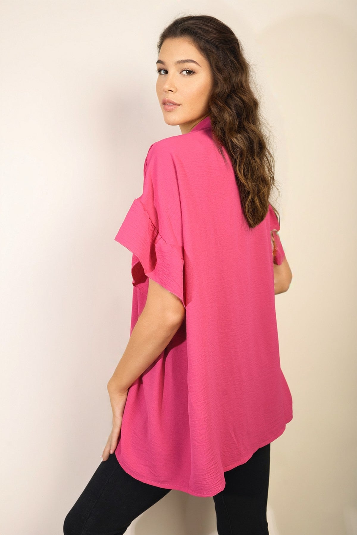 Rebecca Button Down Pleated Frill Tops - Fuschia
