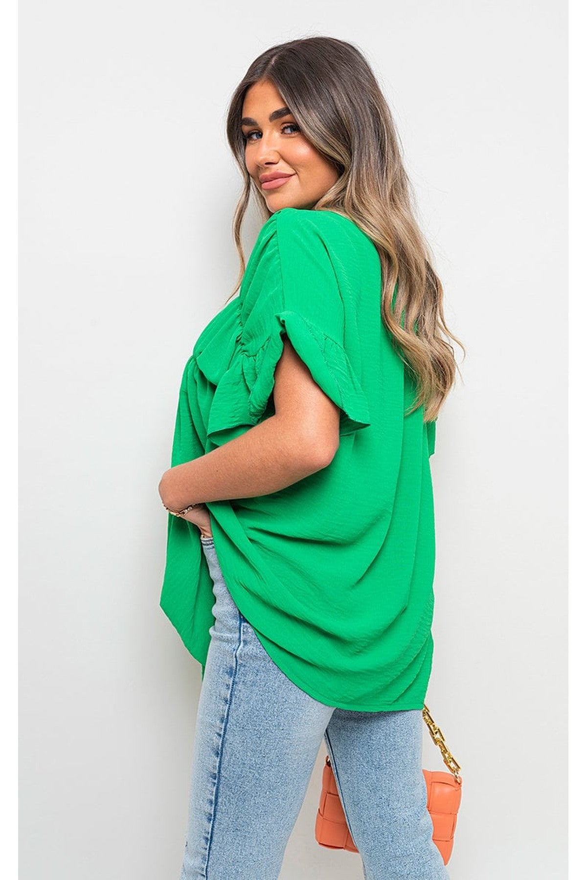 Rebecca Button Down Pleated Frill Tops - Green