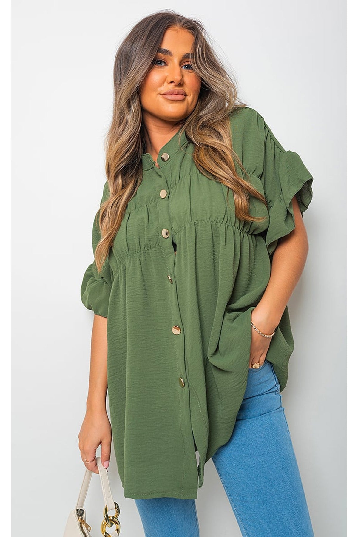 Rebecca Button Down Pleated Frill Tops - Khaki