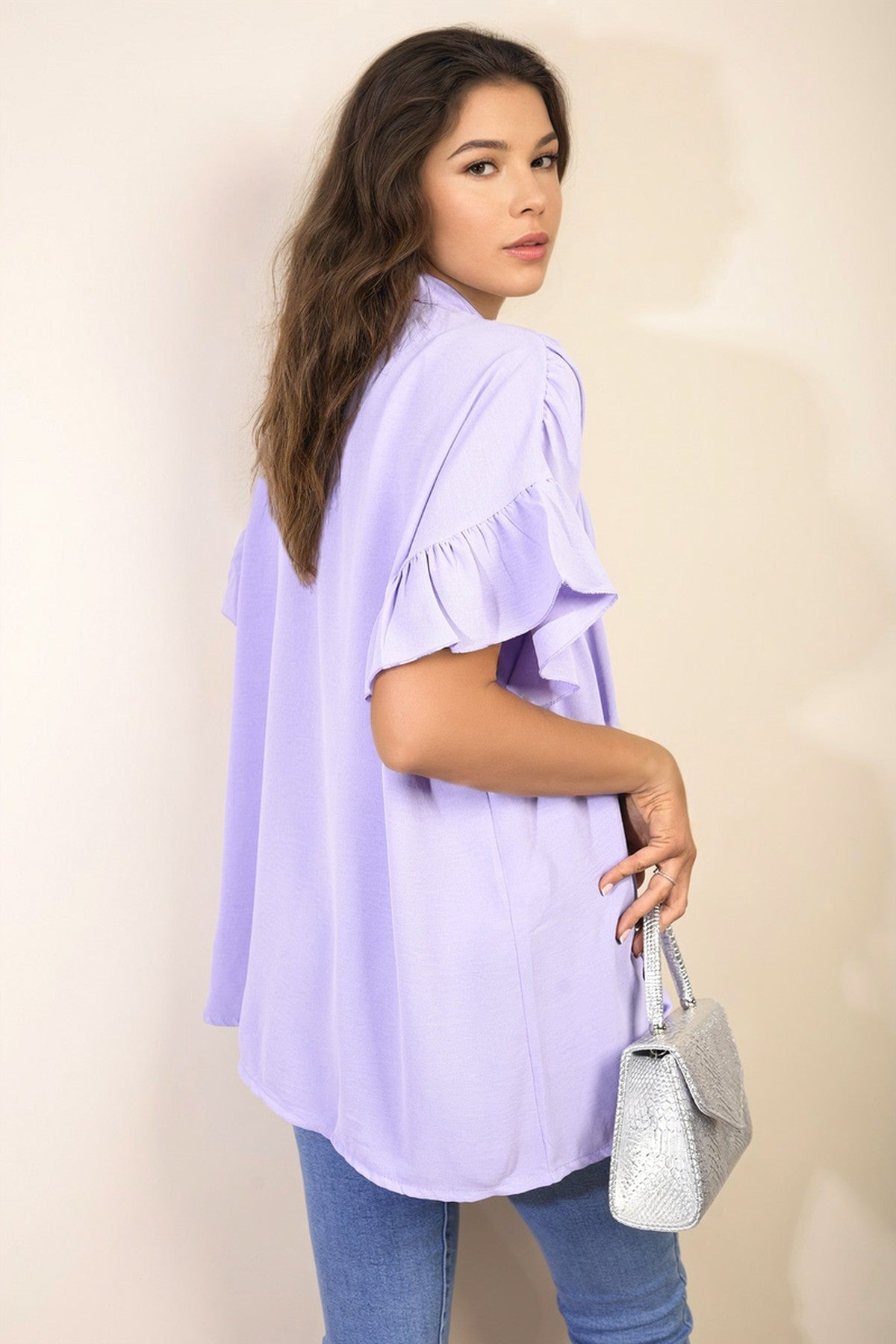 Rebecca Button Down Pleated Frill Tops - Lilac