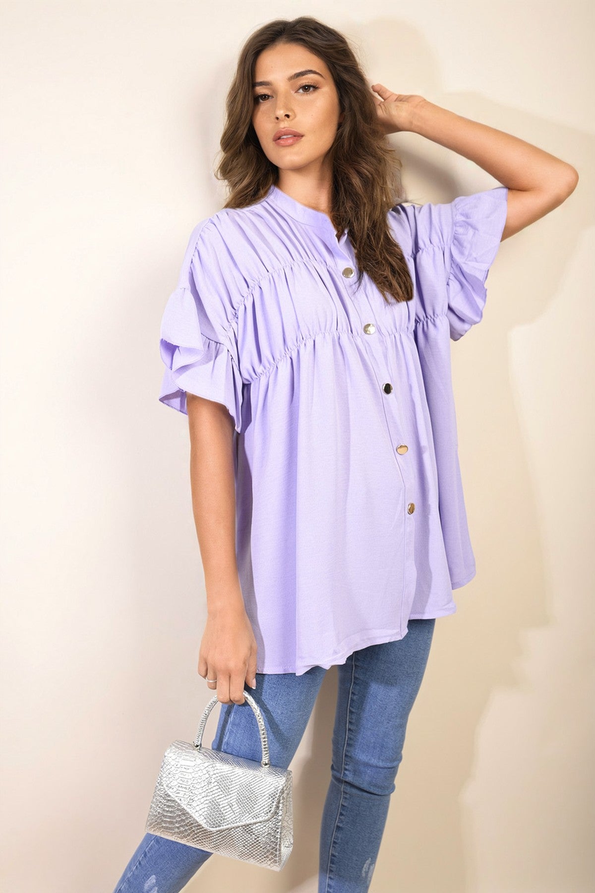 Rebecca Button Down Pleated Frill Tops - Lilac