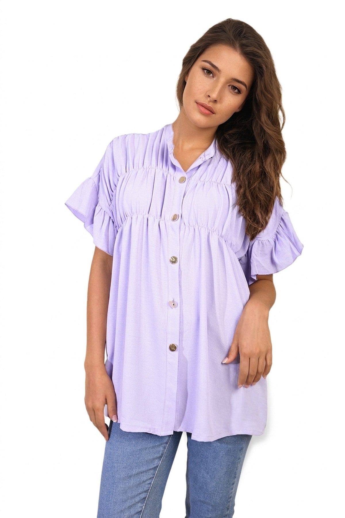 Rebecca Button Down Pleated Frill Tops - LILAC_wb