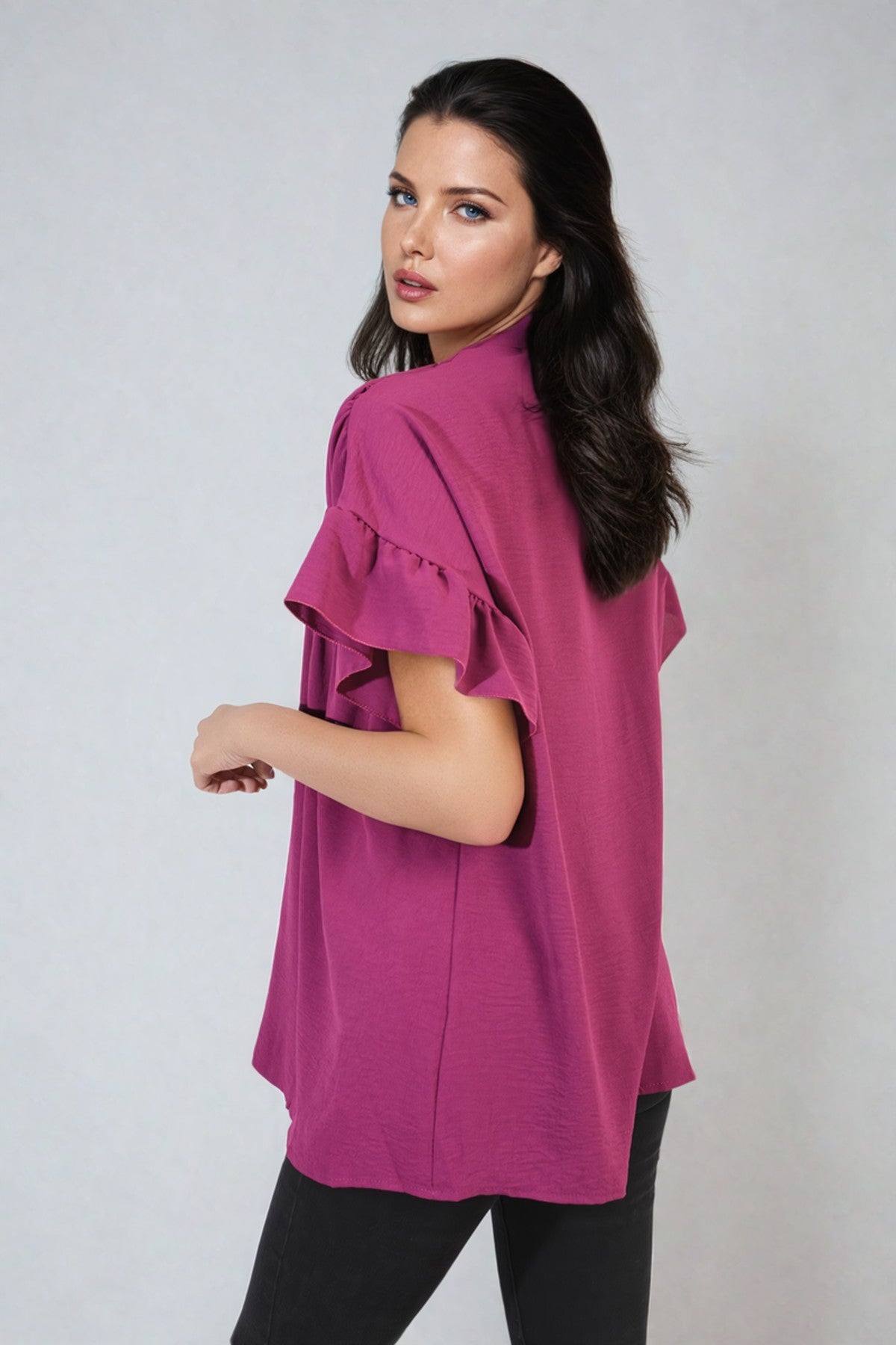 Rebecca Button Down Pleated Frill Tops - Magenta