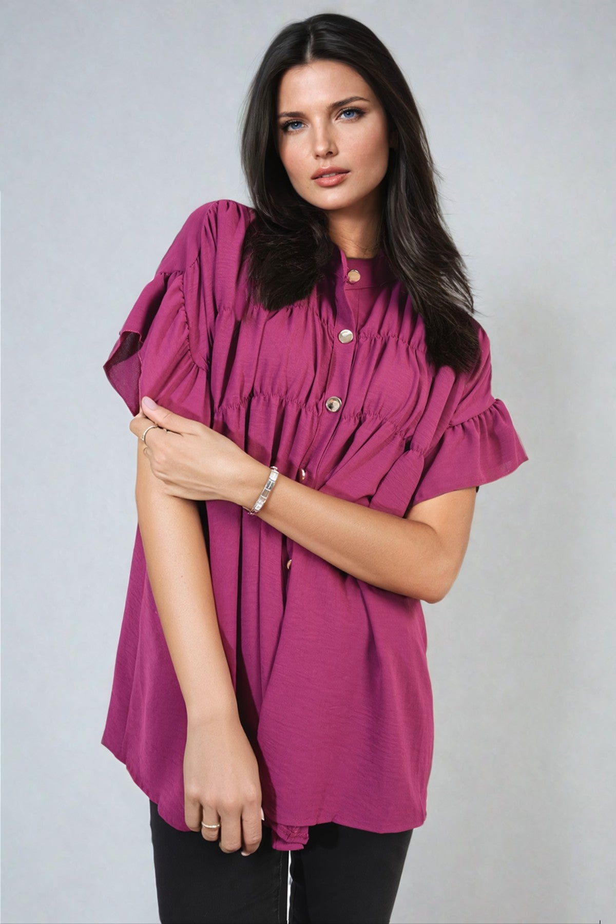 Rebecca Button Down Pleated Frill Tops - Magenta