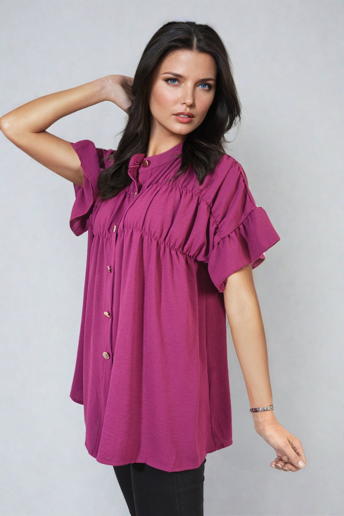 Rebecca Button Down Pleated Frill Tops - Magenta