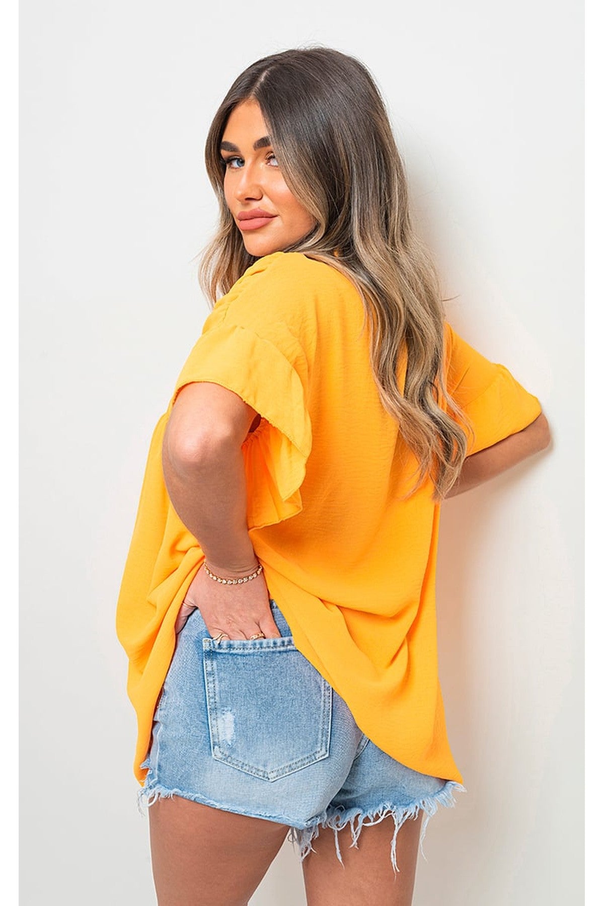 Rebecca Button Down Pleated Frill Tops - Matt Orange