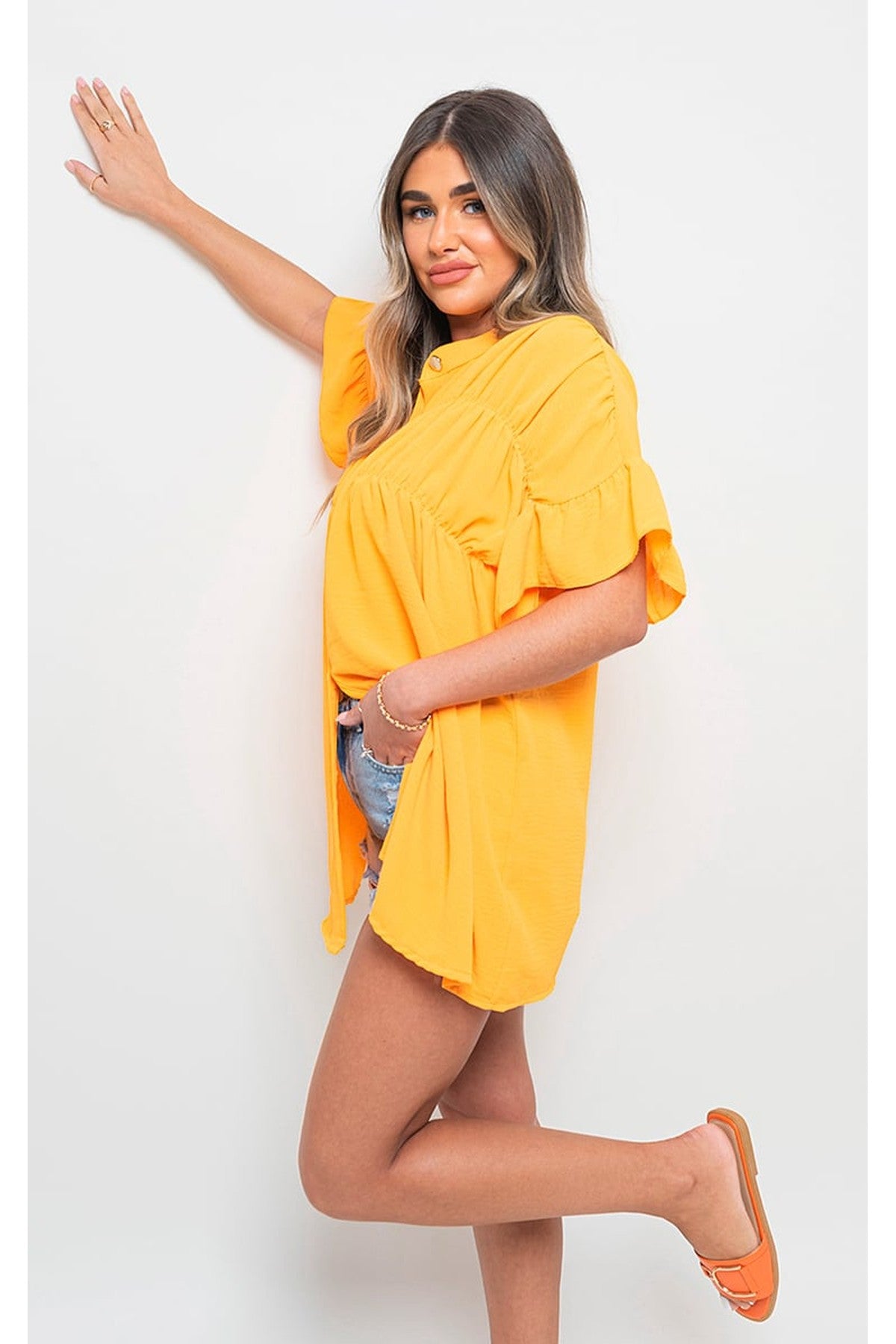 Rebecca Button Down Pleated Frill Tops - Matt Orange
