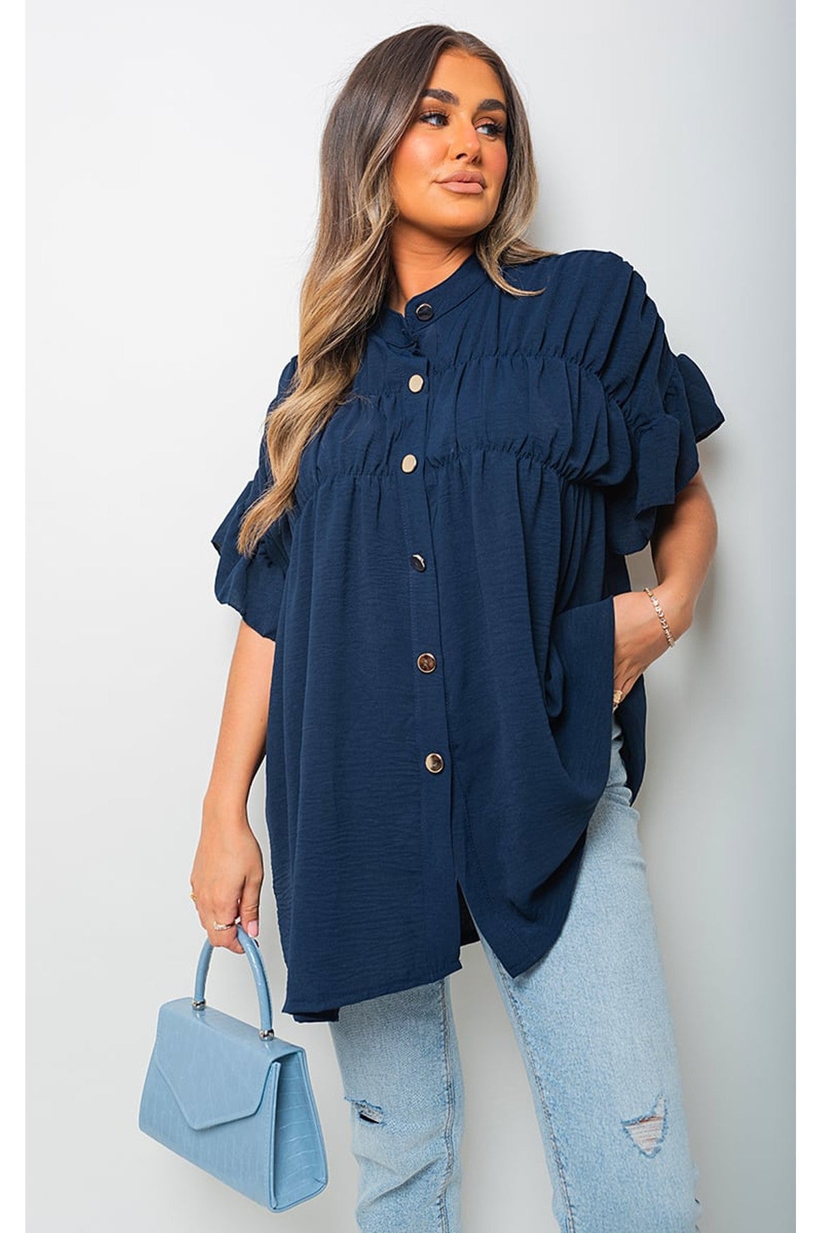 Rebecca Button Down Pleated Frill Tops - Navy
