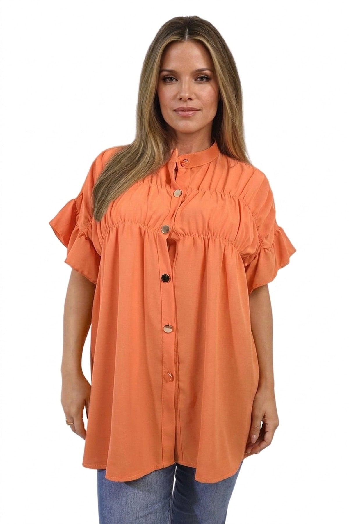 Rebecca Button Down Pleated Frill Tops - Orange_wb