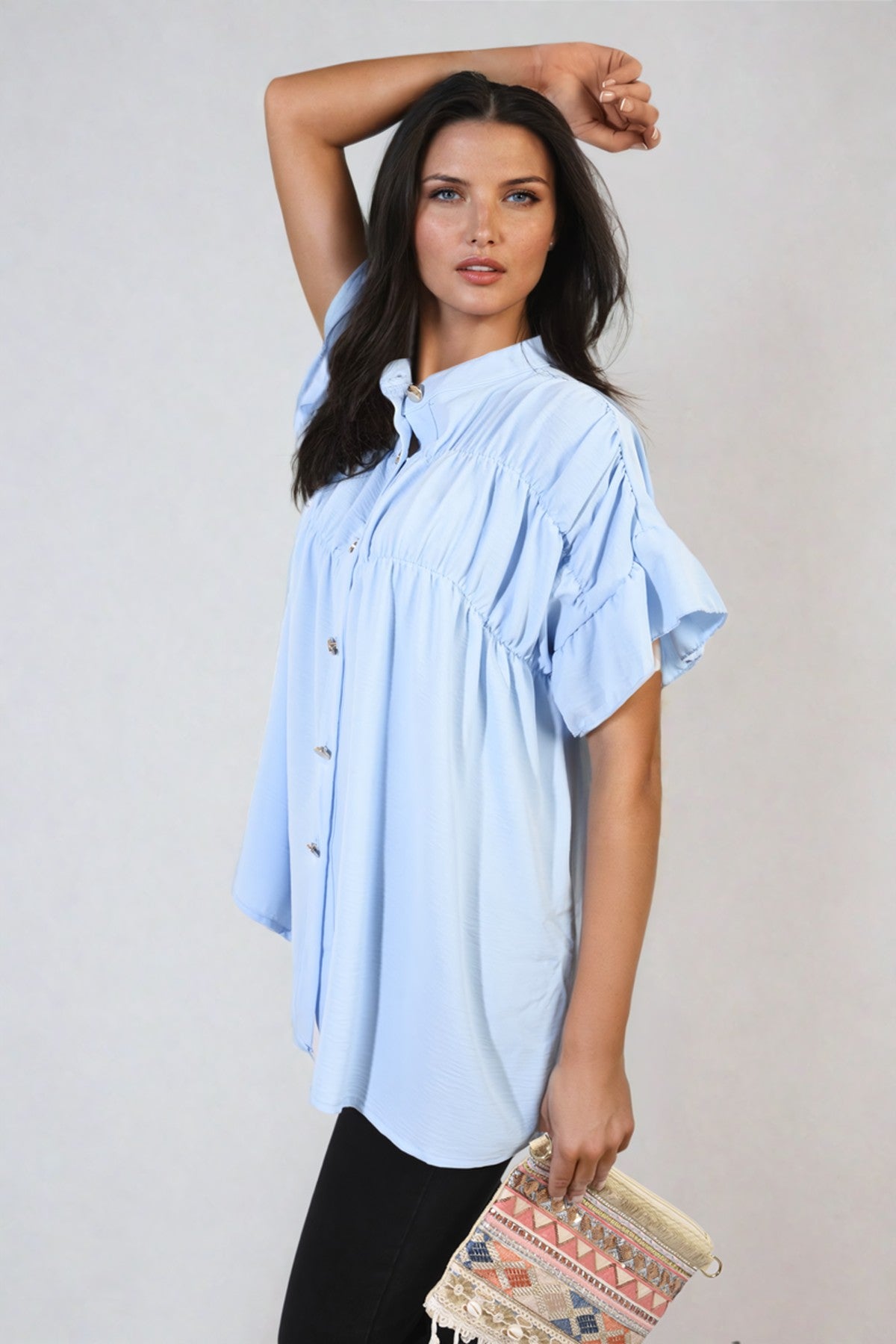 Rebecca Button Down Pleated Frill Tops - Sky Blue