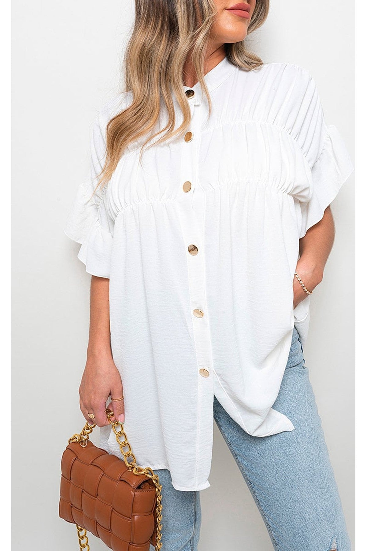 Rebecca Button Down Pleated Frill Tops - White