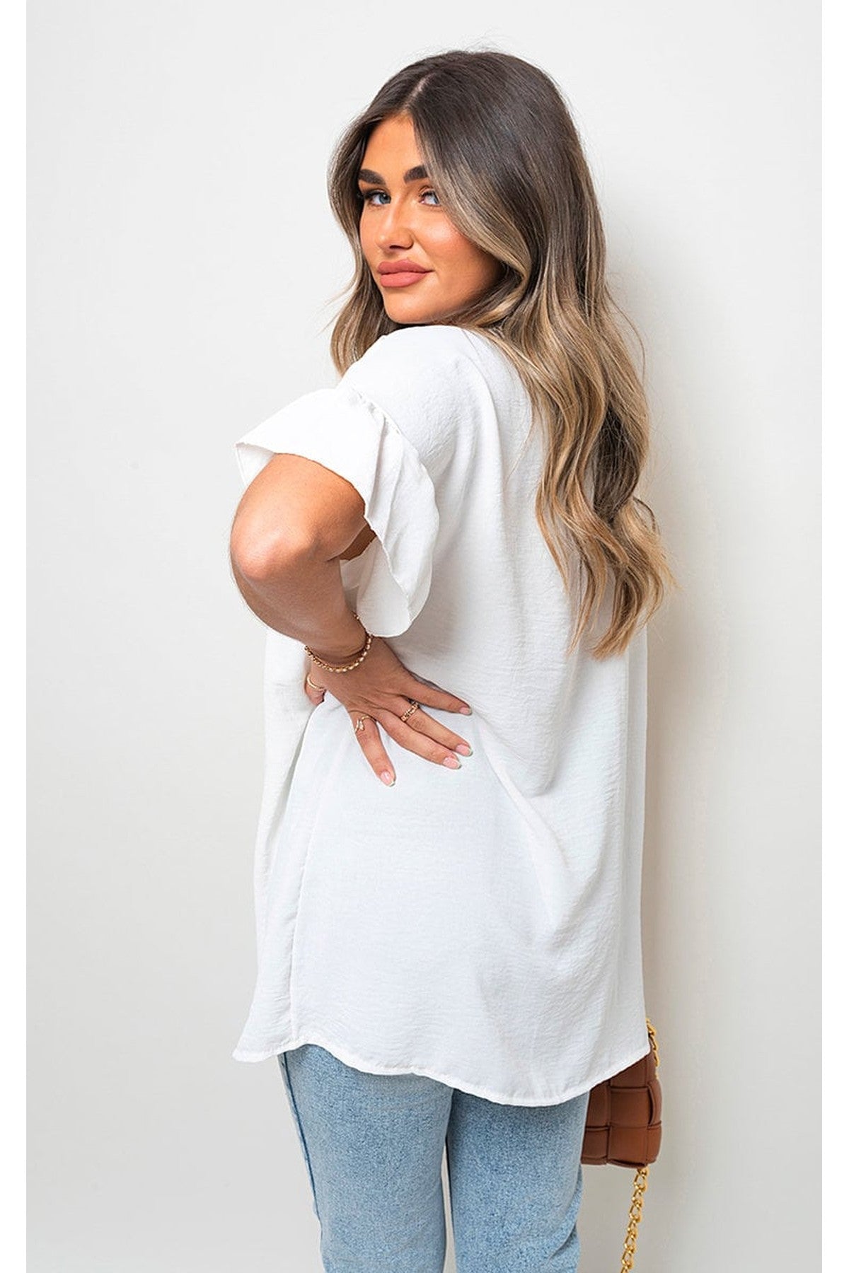 Rebecca Button Down Pleated Frill Tops - White