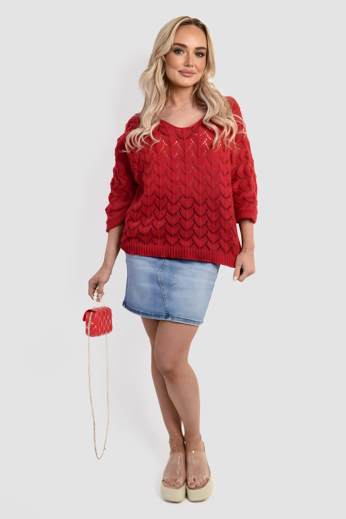 Eliza Half Sleeve Chunky Cable Knit Jumper - Red