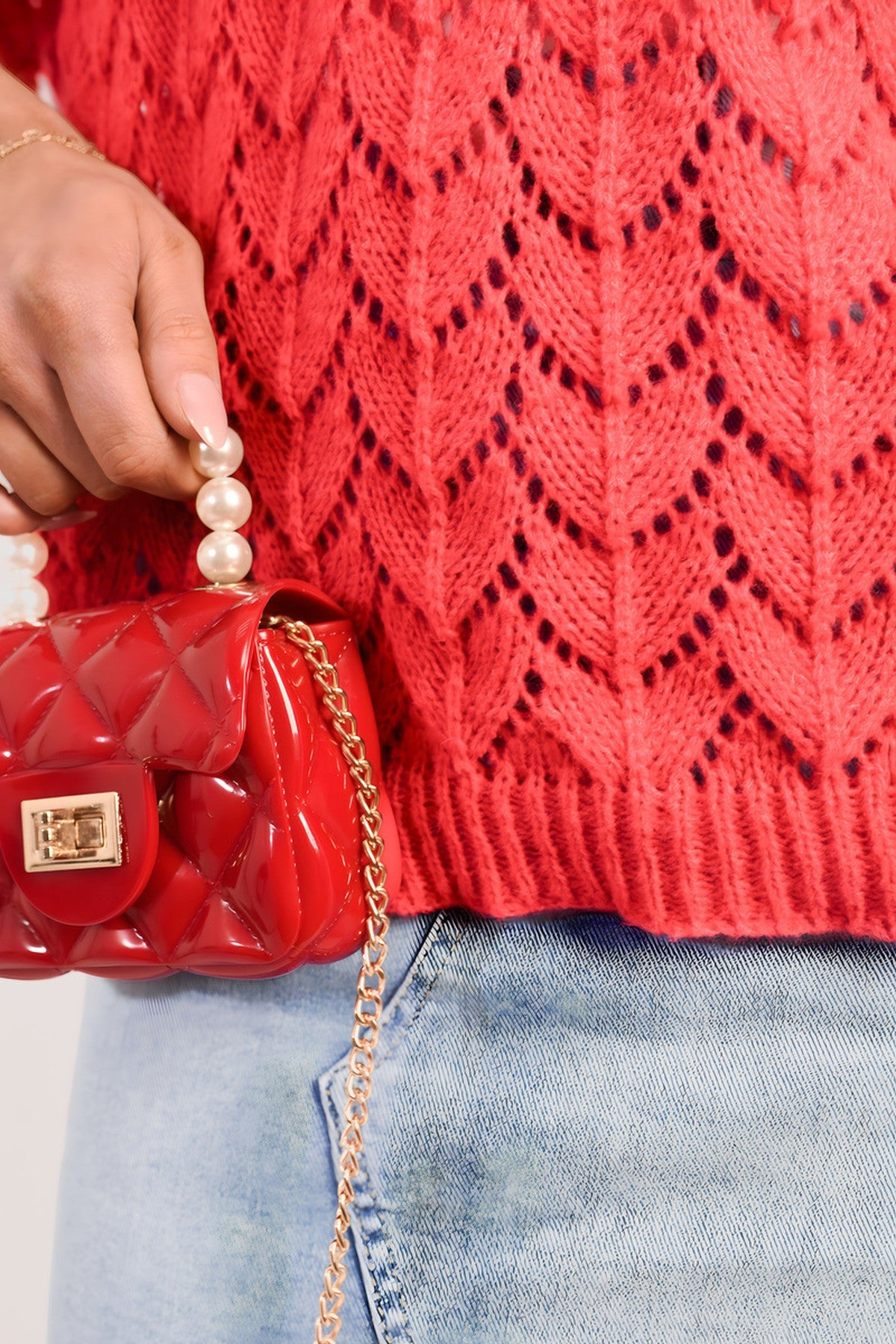 Eliza Half Sleeve Chunky Cable Knit Jumper - Red