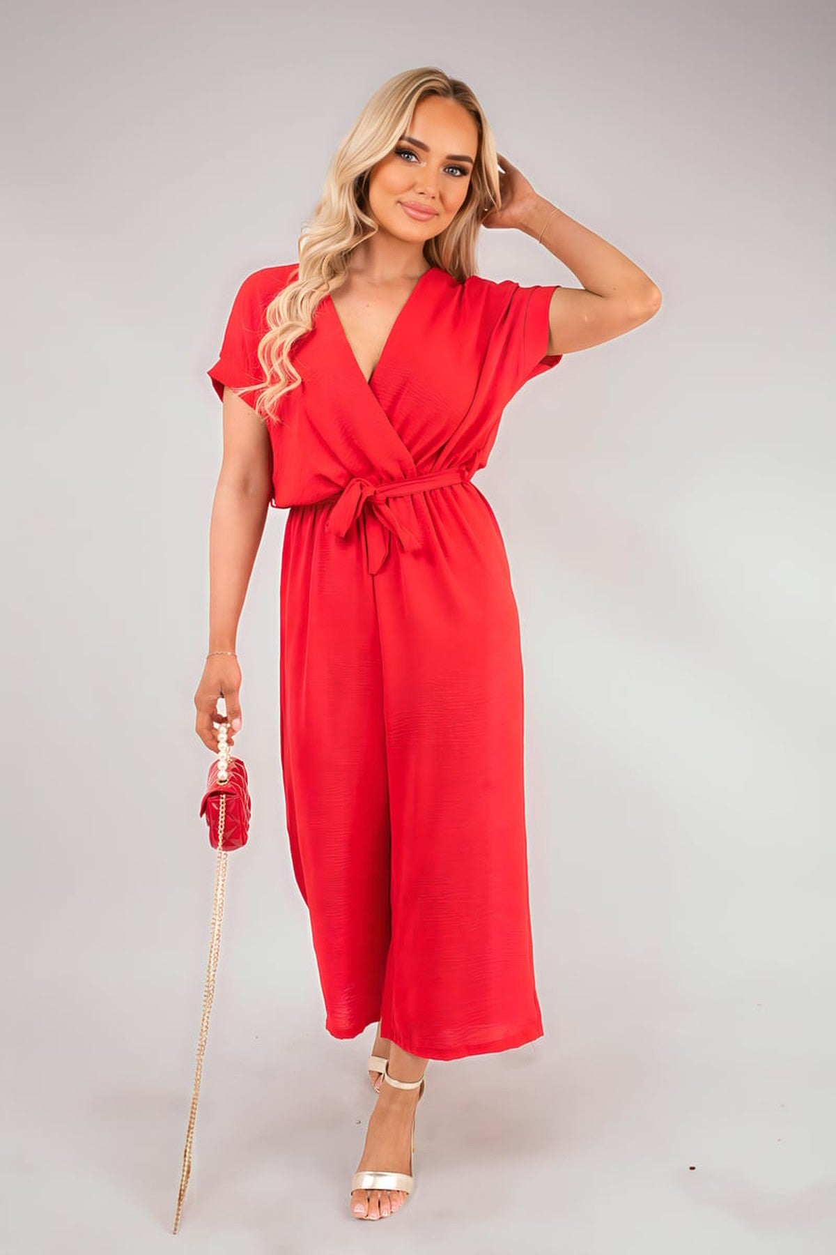 Nerina Wrap Short Sleeve Wide Leg Jumpsuit With Tie Waist - Red