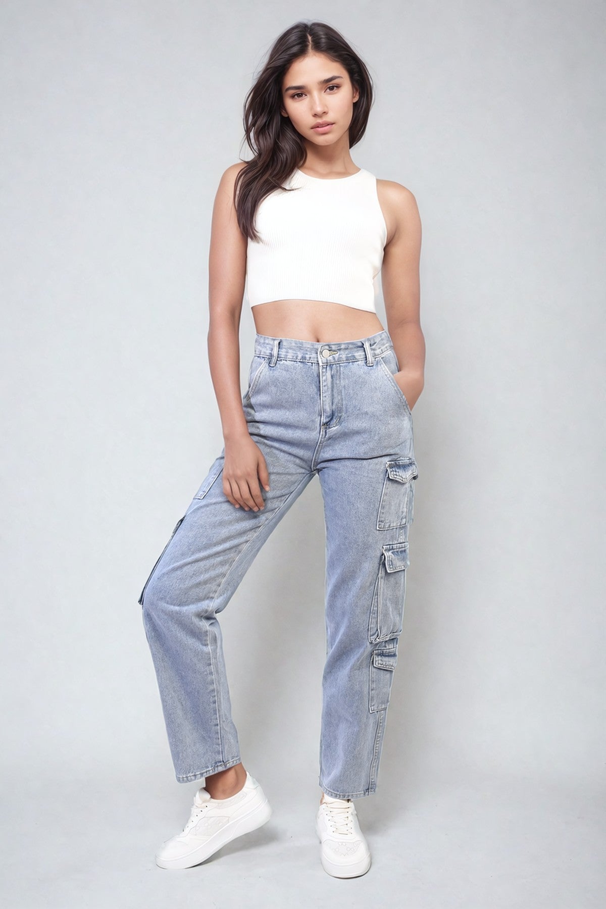 Regina Multi Flap Pockets Cargo Jeans - Denim