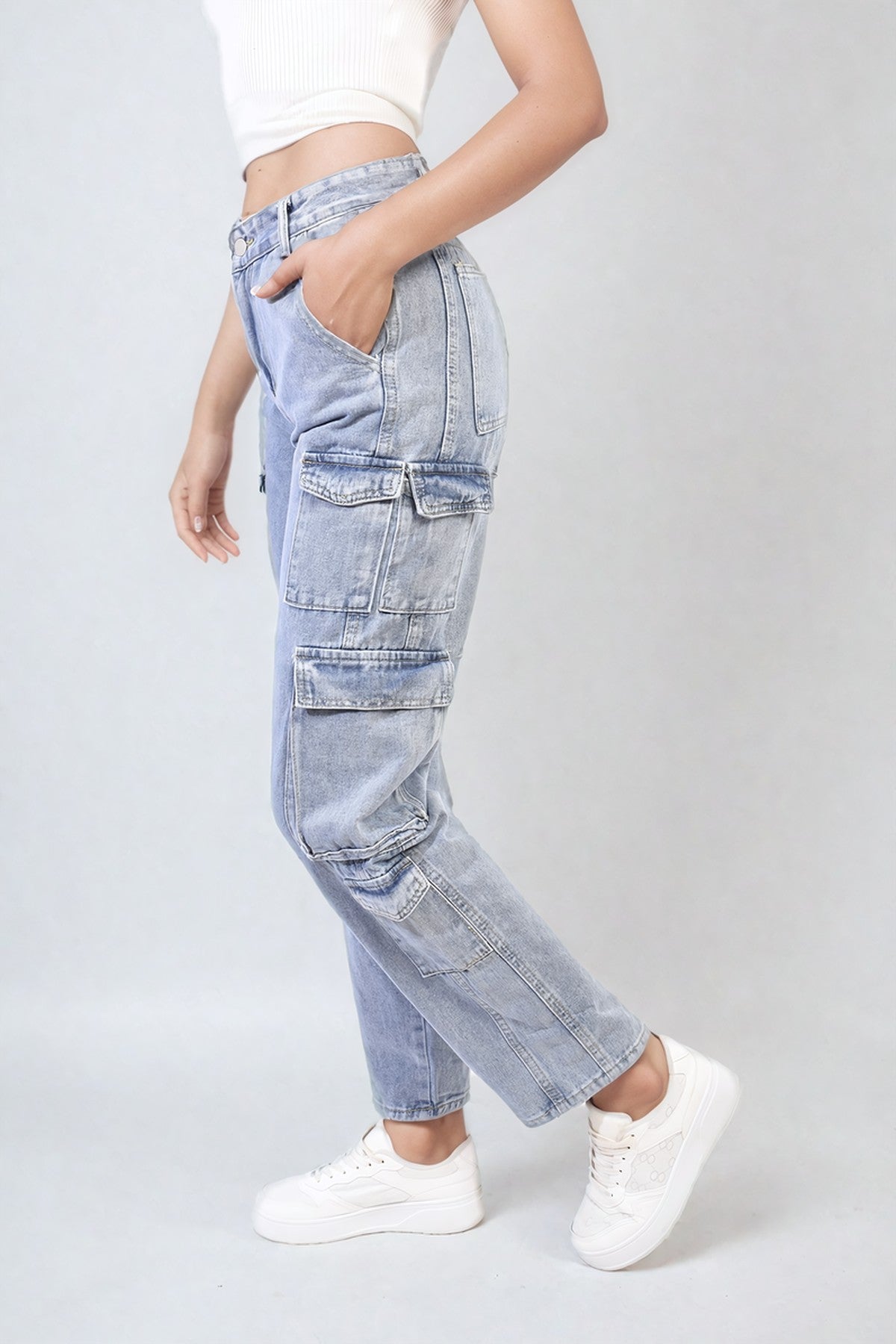 Regina Multi Flap Pockets Cargo Jeans - Denim