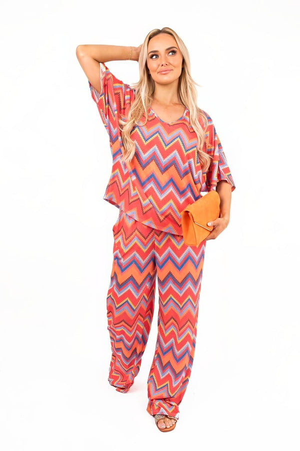 Reina Zigzag Print Top And Wide Leg Trousers Co-ord Set - Red