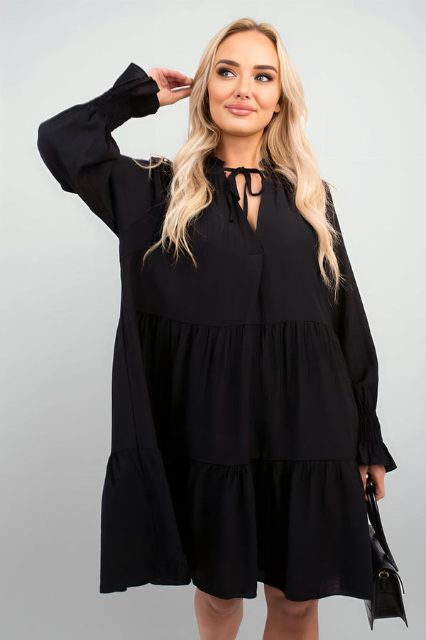 Renata Long Sleeve Front Tie Tiered Mini Dress - Black